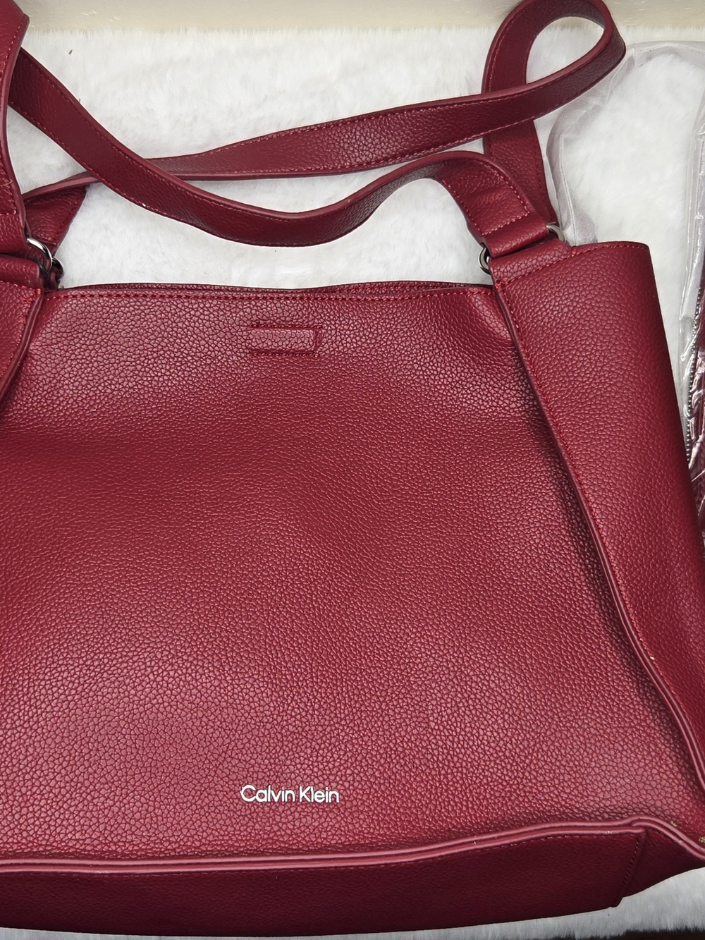 Calvin Klein Cherry Red Pebbled Leather Shoulder Tote